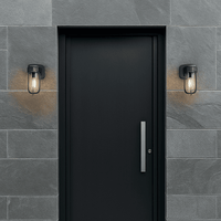 Black modern exterior door with sleek silver handle, flanked by two black outdoor wall lights with protective cages, mounted on gray stone wall