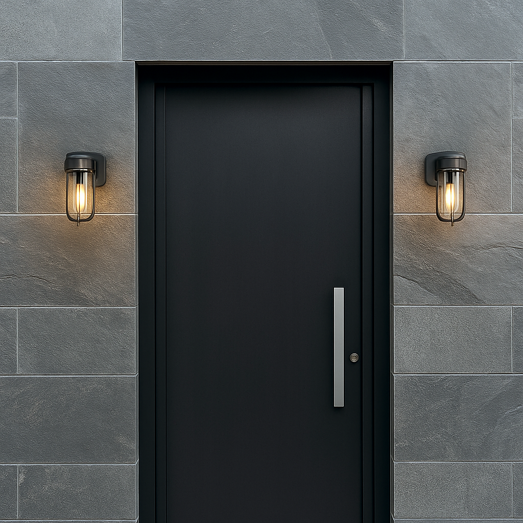 Bronze wall lights to enhance the entryway to a contemporary home.