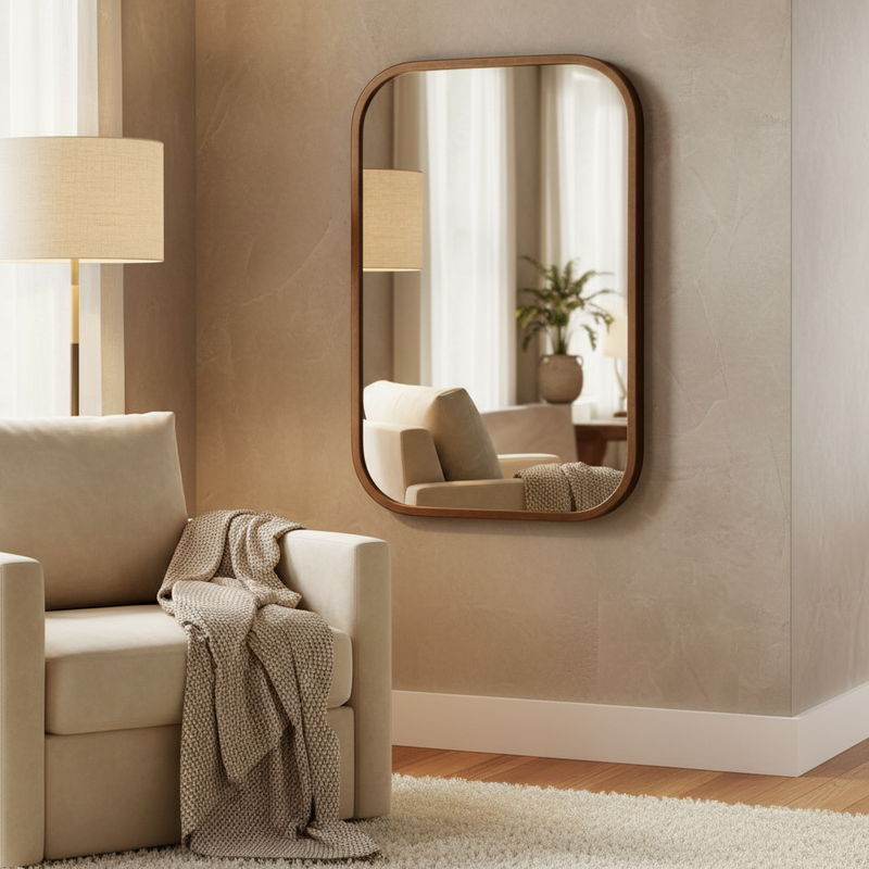 Bronze metal wall mirror with curved corners in a living room