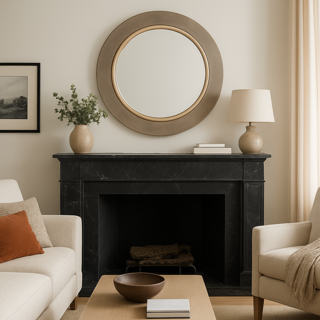 Brushed bronze mirror sitting over a black marble fireplace, in a cosy living room.
