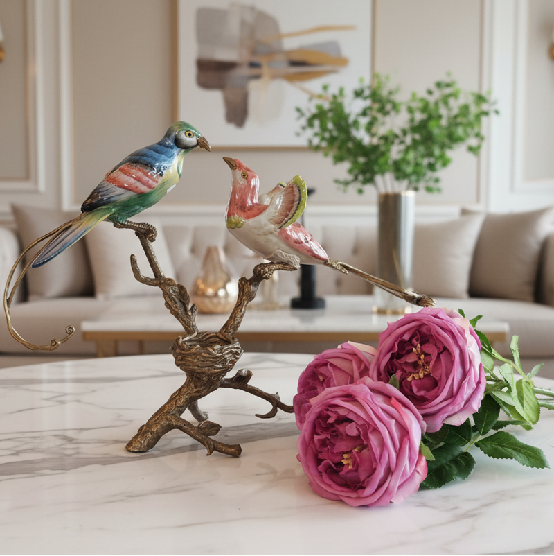 porcelain bird tea light holder with matching coloured roses.