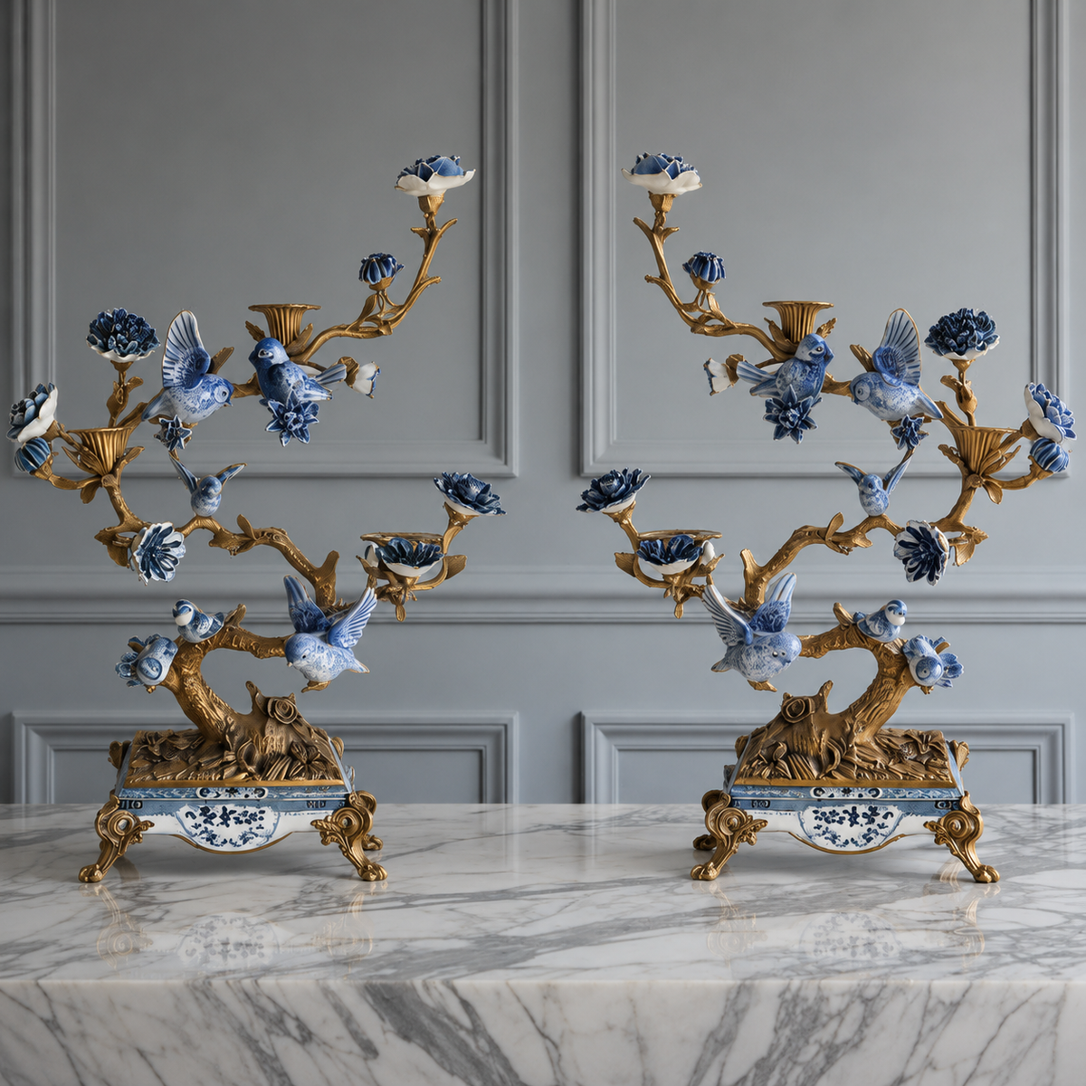 Pair of ornate candle holders with blue and white floral designs on a marble surface.