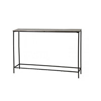 Set of two bronze-topped narrow console tables with slim black metal frames