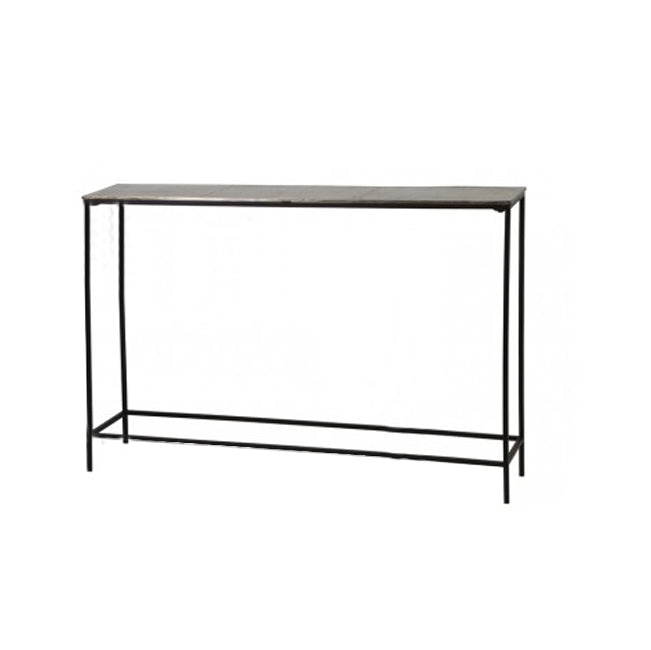 Set of two bronze-topped narrow console tables with slim black metal frames