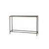 Set of two bronze-topped narrow console tables with slim black metal frames