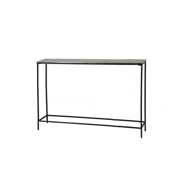 Set of two bronze-topped narrow console tables with slim black metal frames