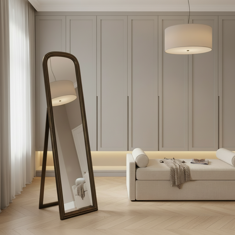 Brushed brass cheval mirror in a dressing room