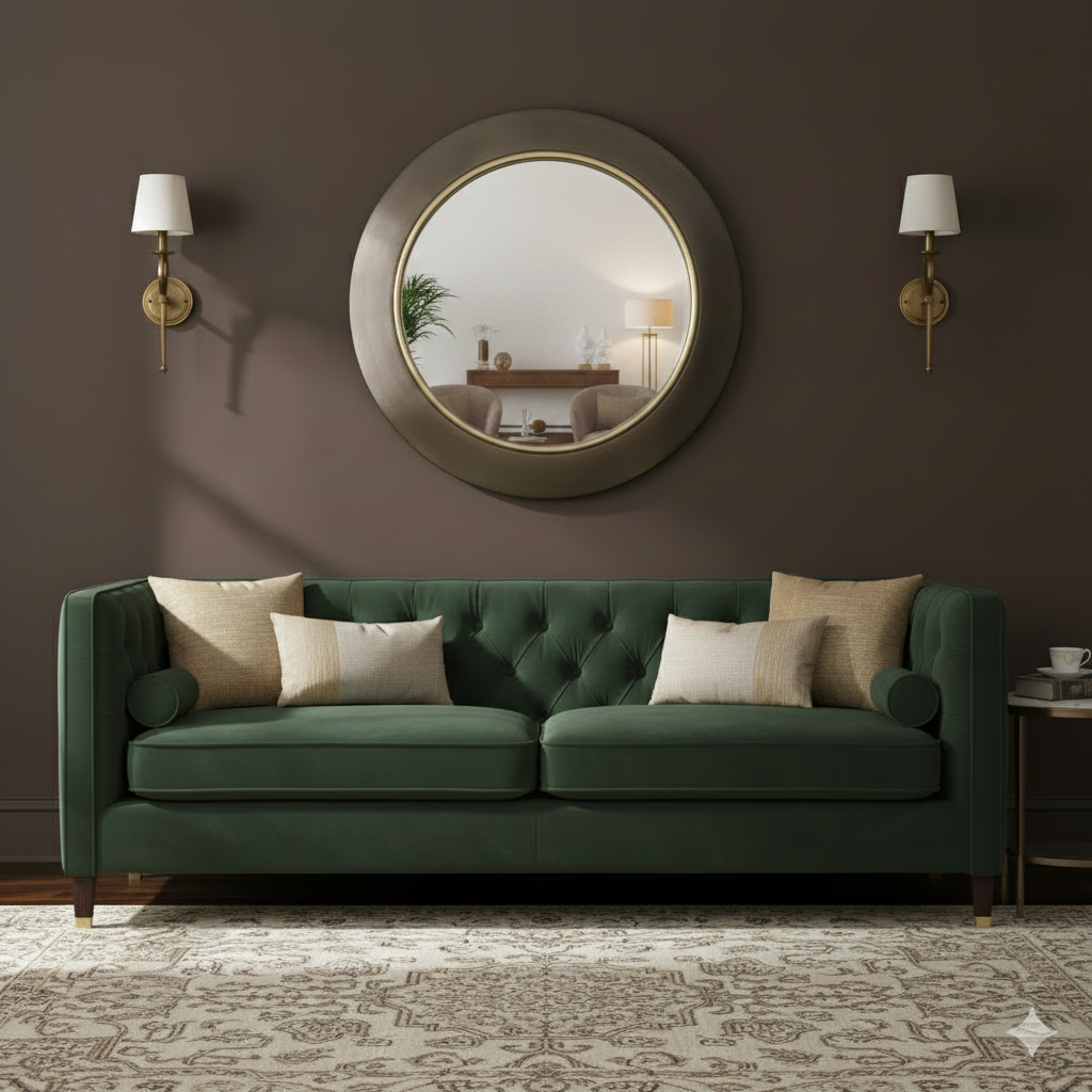 Brushed bronze mirror hanging between two wall lights on a cocoa coloured wall over a luxurious velvet sofa.