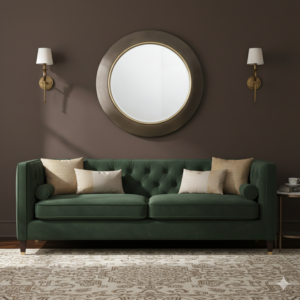 Brushed bronze mirror hanging between two wall lights on a cocoa coloured wall over a luxurious velvet sofa.