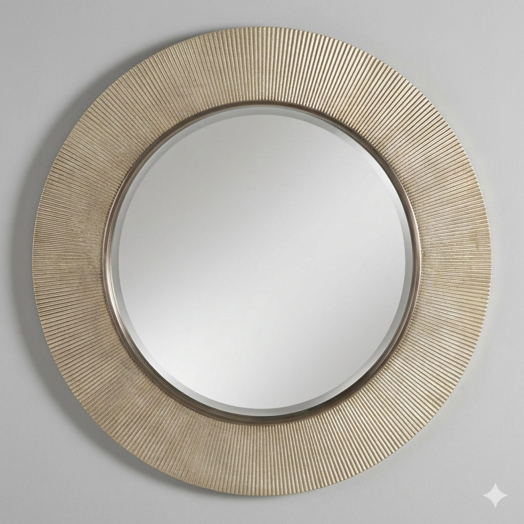 Brushed bronze circular mirror with fluted textured frame on a neutral background.