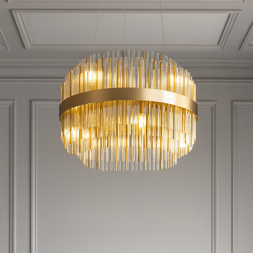 Pendant light with a brushed gold band and three layers of cascading clear crystal rods, suspended by thin cables.