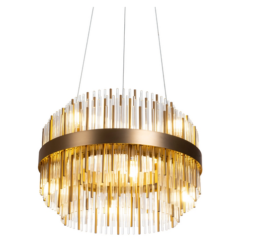 Pendant light with a brushed gold band and three layers of cascading clear crystal rods, suspended by thin cables.