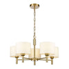 A neat, elegant shaded chandelier with 5 lights on a stunning brushed gold frame. A stylish gilt chain attached to the frame can be removed to turn this pendant into a flush light as in attached image.