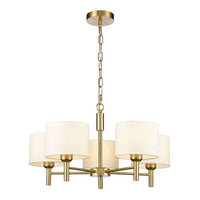 A neat, elegant shaded chandelier with 5 lights on a stunning brushed gold frame. A stylish gilt chain attached to the frame can be removed to turn this pendant into a flush light as in attached image.