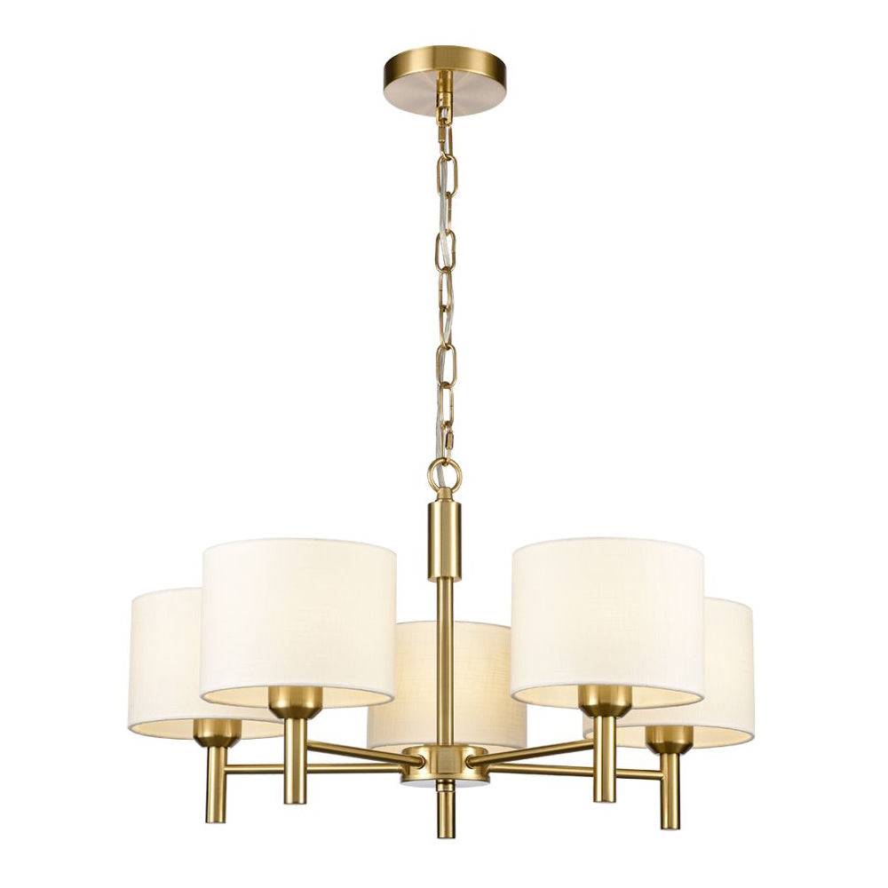 A neat, elegant shaded chandelier with 5 lights on a stunning brushed gold frame. A stylish gilt chain attached to the frame can be removed to turn this pendant into a flush light as in attached image.