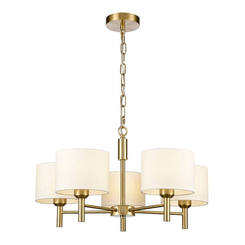 A neat, elegant shaded chandelier with 5 lights on a stunning brushed gold frame. A stylish gilt chain attached to the frame can be removed to turn this pendant into a flush light as in attached image.