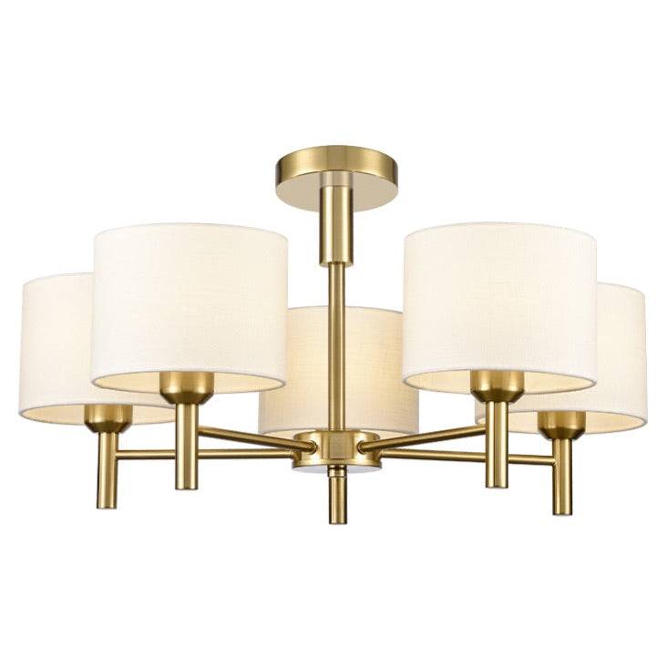 A neat, elegant shaded chandelier with 5 lights on a stunning brushed gold frame. A stylish gilt chain attached to the frame can be removed to turn this pendant into a flush light as in attached image.