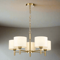 A neat, elegant shaded chandelier with 5 lights on a stunning brushed gold frame. A stylish gilt chain attached to the frame can be removed to turn this pendant into a flush light as in attached image.