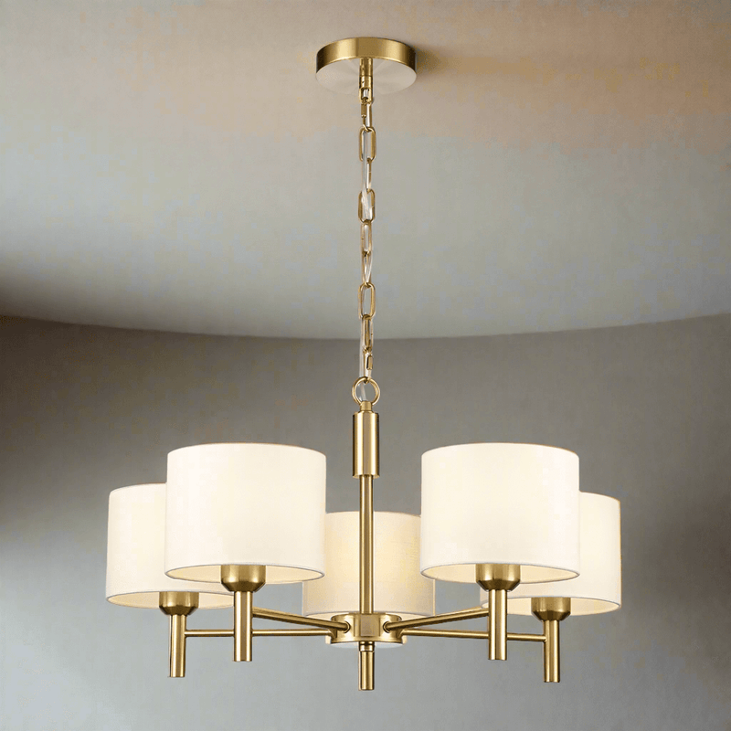 A neat, elegant shaded chandelier with 5 lights on a stunning brushed gold frame. A stylish gilt chain attached to the frame can be removed to turn this pendant into a flush light as in attached image.