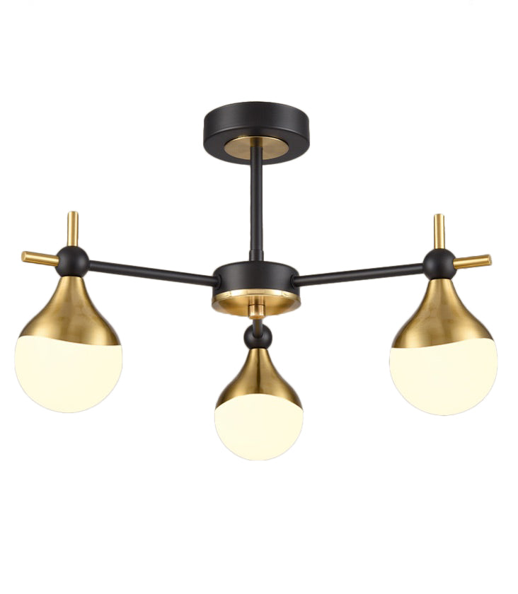 Brushed gold and opaque glass three light semi flush ceiling light in black and gold