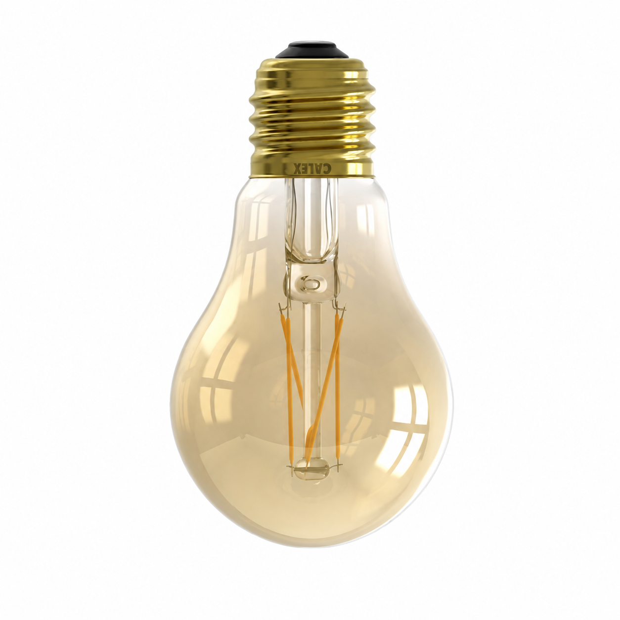 Clear light bulb with gold base on a white background