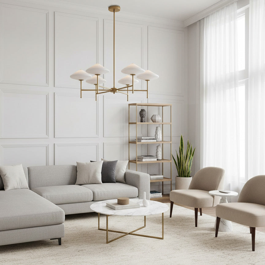 6 Light Pendant Chandelier in White Glass and Gilt Metal
