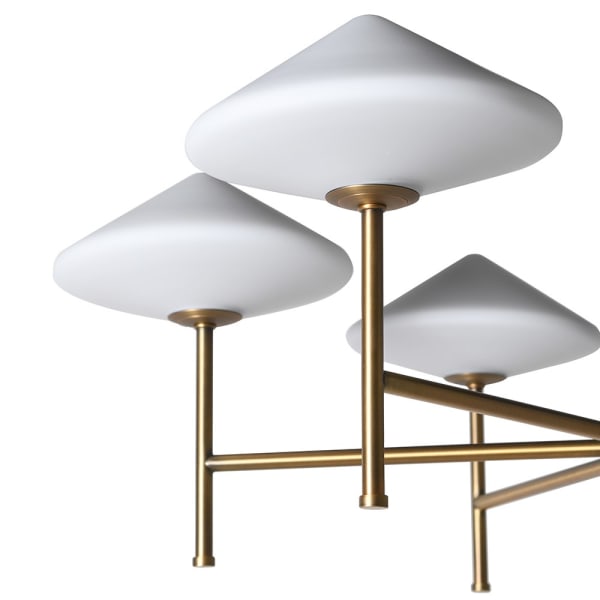 A really unusual, statement light comprising 6 opaque glass lights on a brushed gold metal base. Perfect over dining table, in a living room and a great dressing room light. A particularly stylish light which would add glamour and interest to your home.