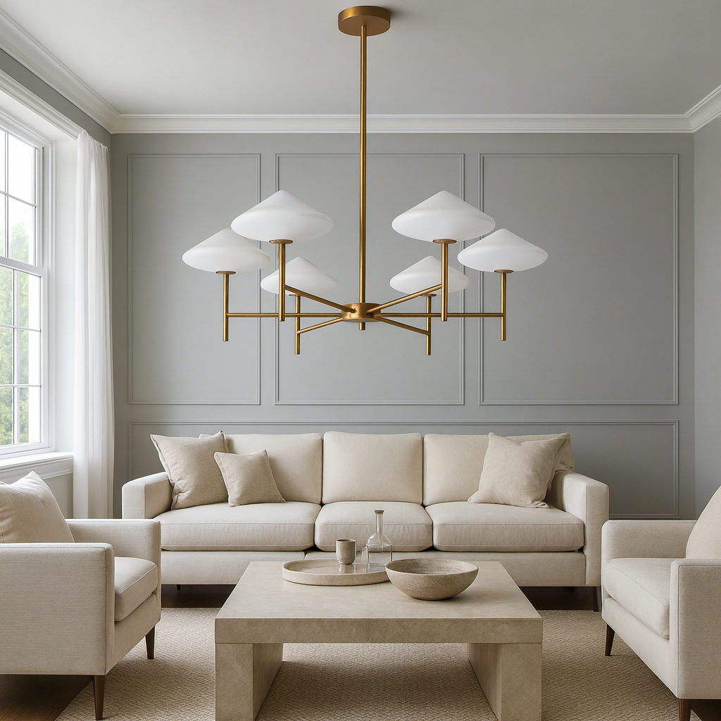 A really unusual, statement light comprising 6 opaque glass lights on a brushed gold metal base. Perfect over dining table, in a living room and a great dressing room light. 