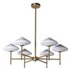 A really unusual, statement light comprising 6 opaque glass lights on a brushed gold metal base. Perfect over dining table, in a living room and a great dressing room light.A particularly stylish light which would add glamour and interest to your home.