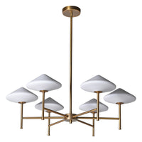 A really unusual, statement light comprising 6 opaque glass lights on a brushed gold metal base. Perfect over dining table, in a living room and a great dressing room light.A particularly stylish light which would add glamour and interest to your home.