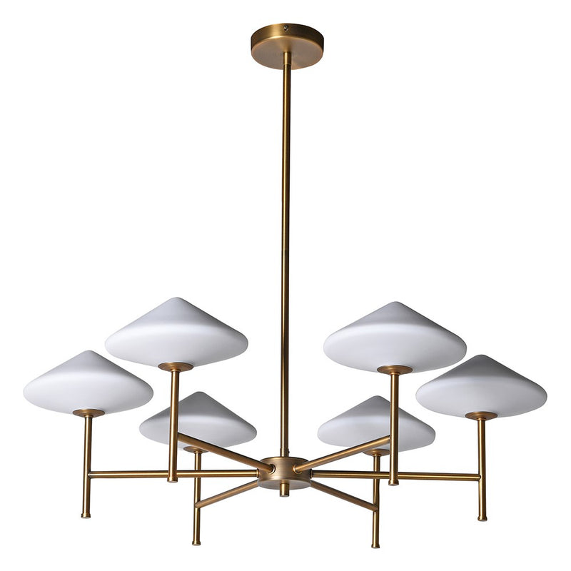 A really unusual, statement light comprising 6 opaque glass lights on a brushed gold metal base. Perfect over dining table, in a living room and a great dressing room light.A particularly stylish light which would add glamour and interest to your home.