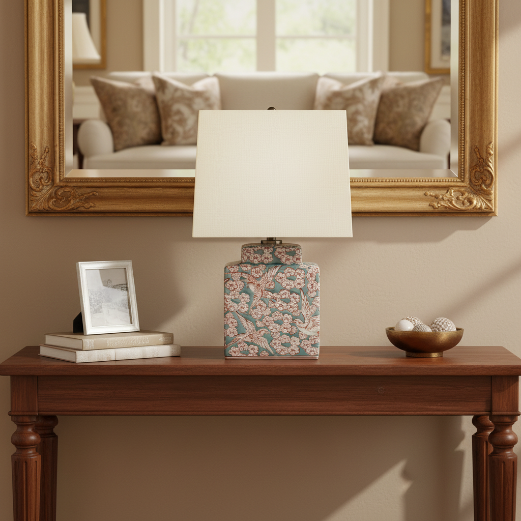 A delicate fauna and flora sage green and red ceramic lamp base with a white linen shade. Small enough to use as bedside lamps or as a small side lamp where your space will be transformed into a cosy area.