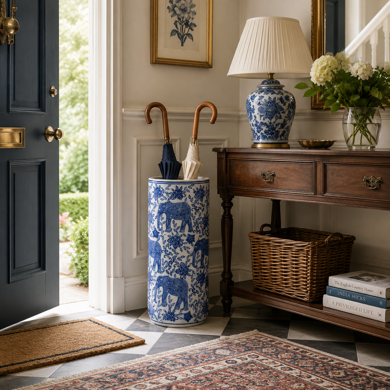 Decorative entrance hall with a blue and white umbrella stand, lamp, and books.