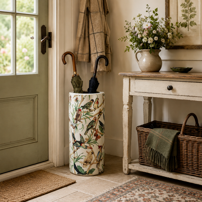 Parrot ceramic umbrella stand in a cottage style hall with console table, 