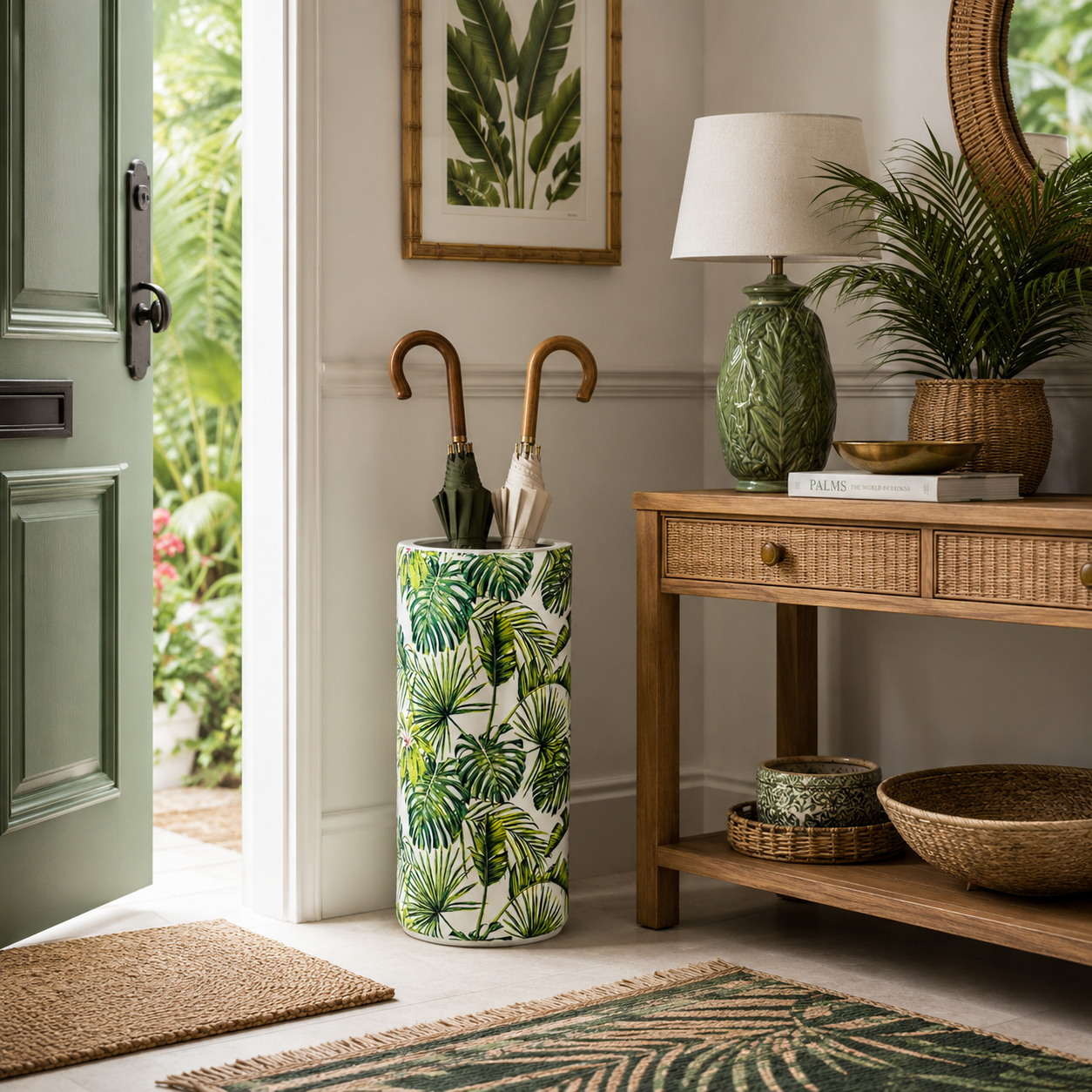 Tropical ceramic umbrella stand in a cottage style hallway, near a garden. 