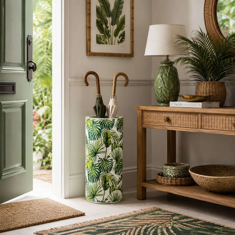 Tropical ceramic umbrella stand in a cottage style hallway, near a garden. 
