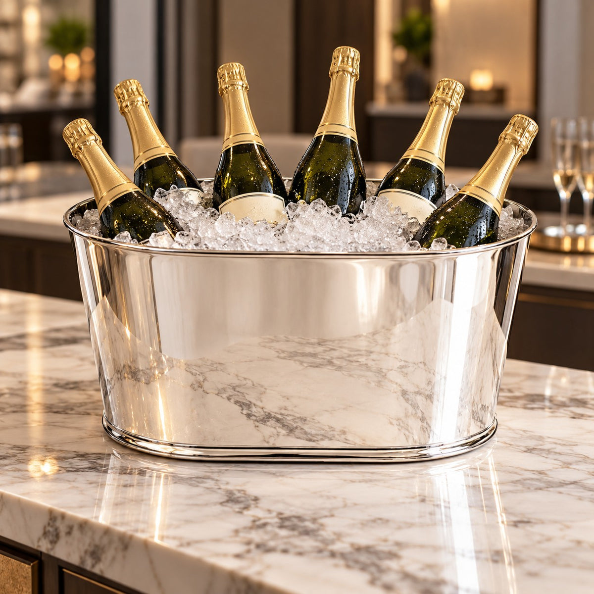 A large silver metal ice bucket filled with crushed ice and six champagne bottles, set on a white marble countertop in a modern kitchen or bar environment.