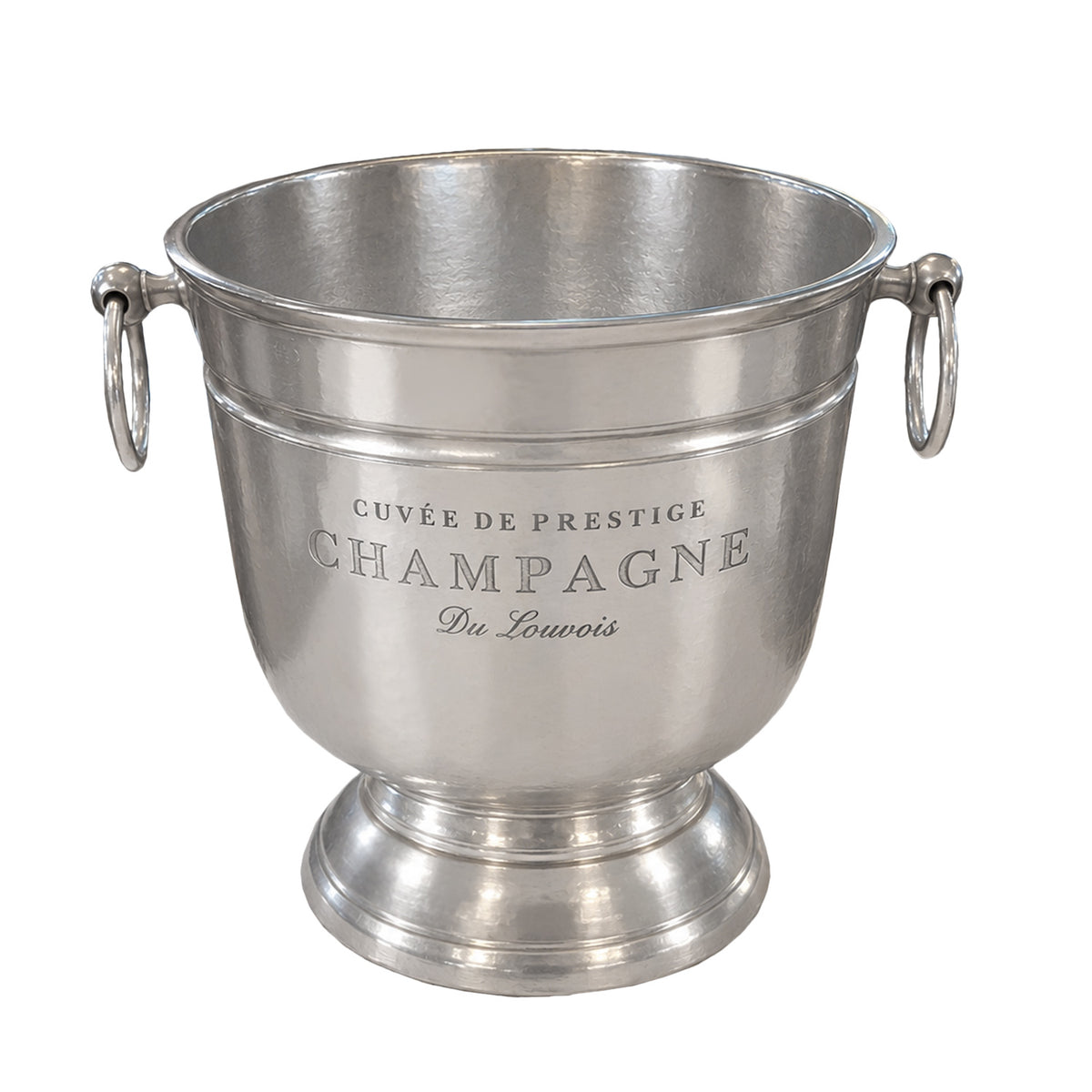 Round silver metal champagne bucket on a white background.