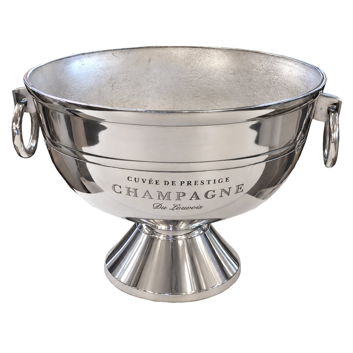 Large polished silver metal champagne bucket with wide rounded bowl, decorative ring handles, French-inspired Champagne lettering and a raised pedestal base.