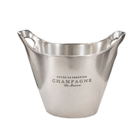 Small silver metal champagne and wine cooler with gently curved sides, integrated cut-out handles on a white background.