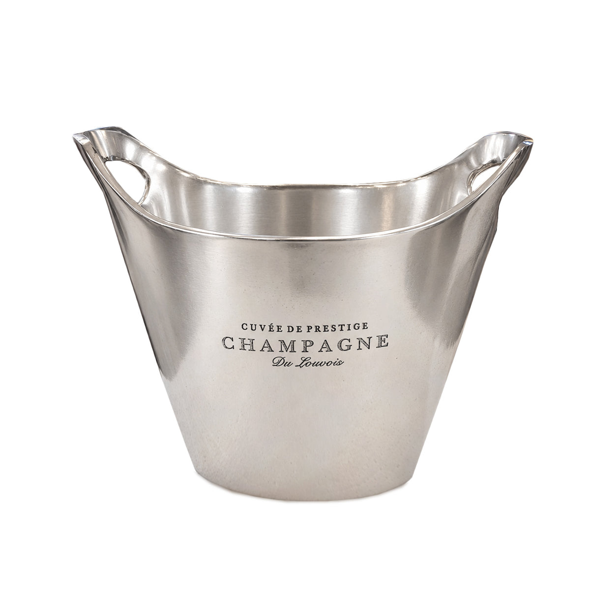 Small silver metal champagne and wine cooler with gently curved sides, integrated cut-out handles on a white background.