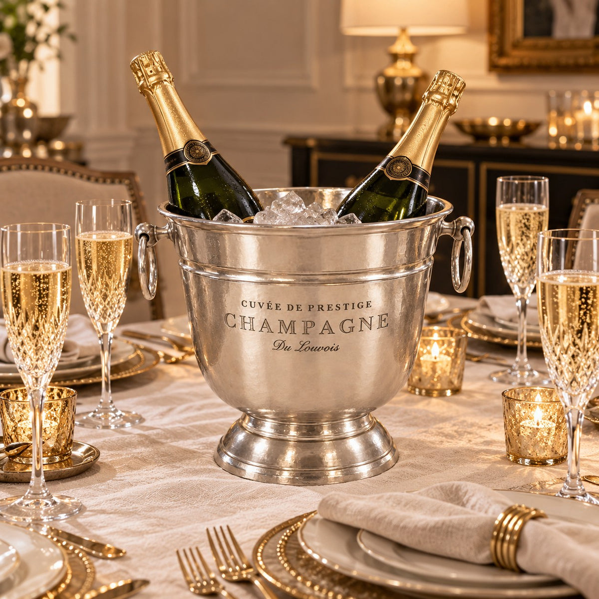 A silver champagne bucket filled with ice and two champagne bottles,  on a decorated dining table with champagne flutes, gold candle holders, in a warm elegant room.