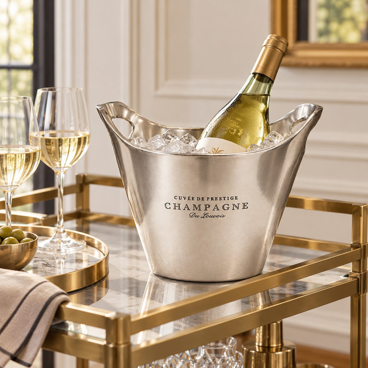Small silver metal champagne and wine cooler with gently curved sides, integrated cut-out handles on a gilt metal drinks trolley.