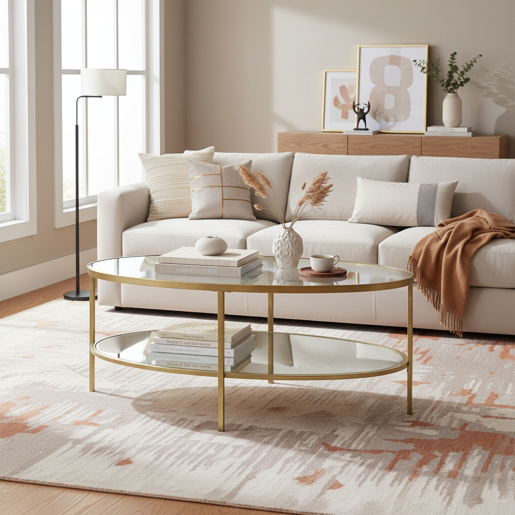 Champagne gold oval coffee table in a living room