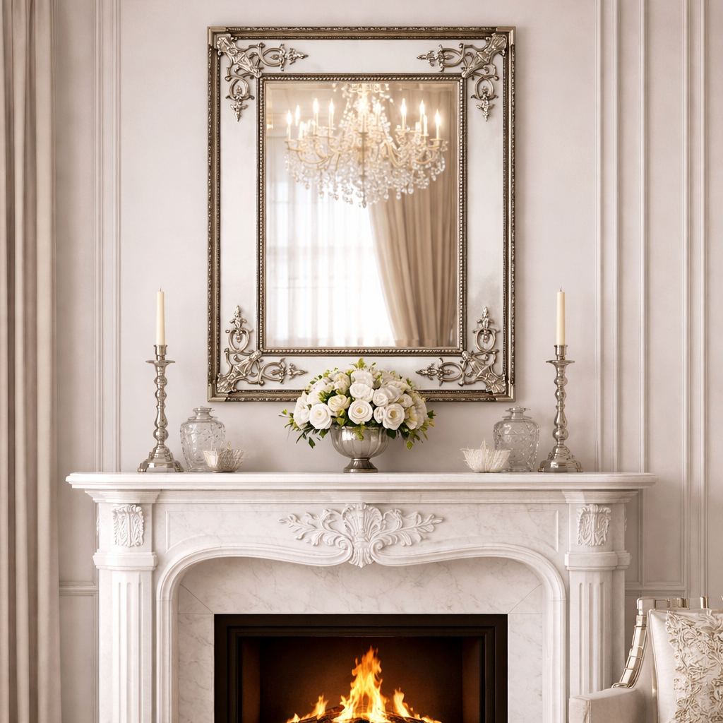 Ornate silver mirror over a white marble fireplace in a traditional classic living room, dining room or hall.