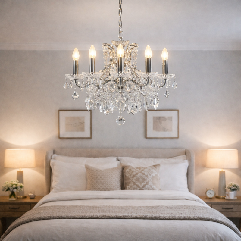 Chrome chandelier above a bed, in a modern bedroom setting, with lamps on bedside tables.