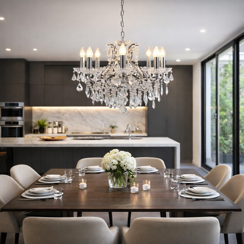 Dining room with a crystal chandelier, table set for dinner, and kitchen in the background.