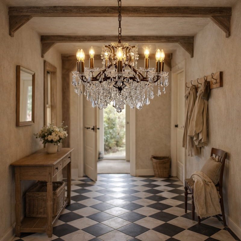 Eight arm bronze crystal chandelier in a country house entryway, with console table.