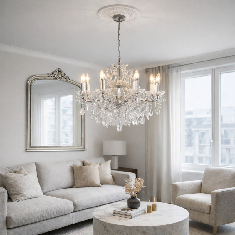 Eight branch crystal chandelier in an elegant modern sitting room interior.