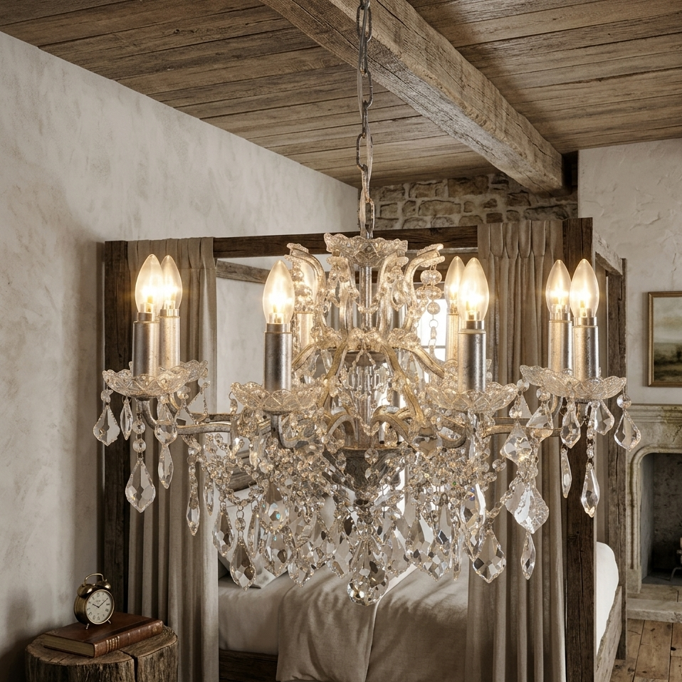 Close up of 8 branch silver chandelier in a bedroom situ. 